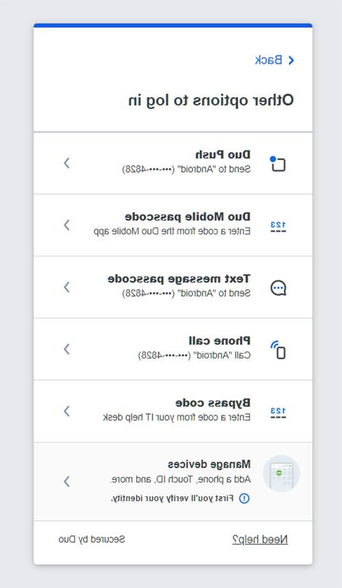 DUO login options screen
